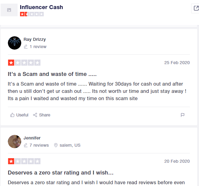 negative reviews about influencercash on trustpilot