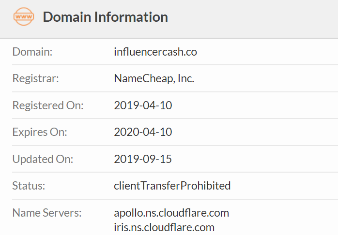 influencercash domain lookup on whois