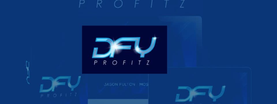 dfy profitz review logo in the middle with blue backround