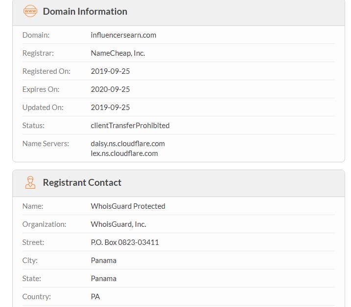 incluencersearn.com domain information on Whois