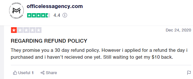 Customer complaint about not getting their refund on Officeless Agency