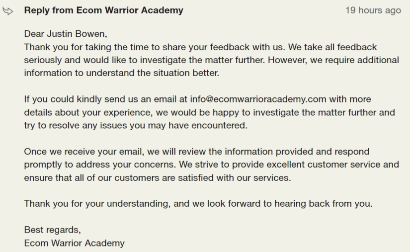reply from Ecom Warrior Academy